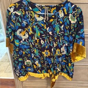 Anthropology Women’s Floral Tie-Front Blouse in Navy and Mustard